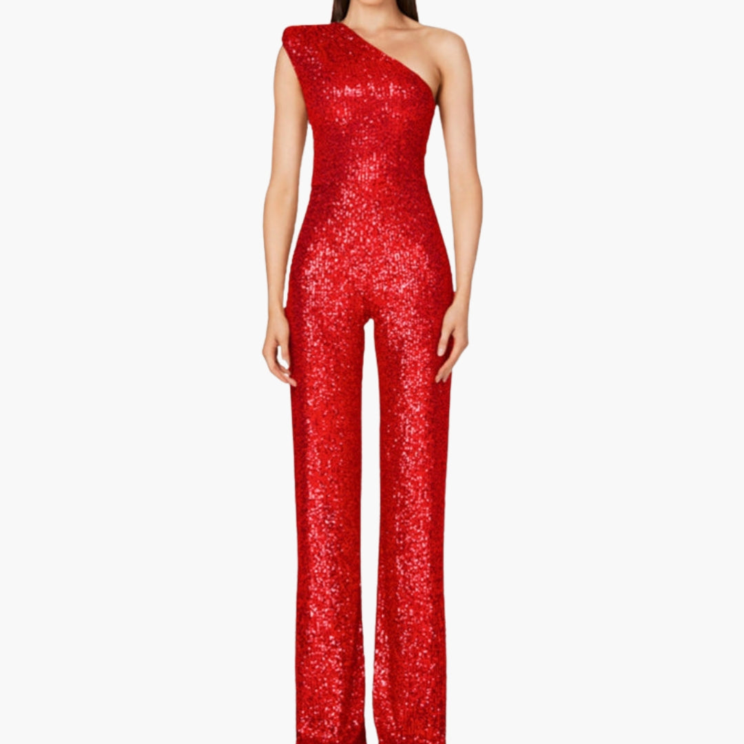 Women's jumpsuit with one-shoulder asymmetrical straight cut