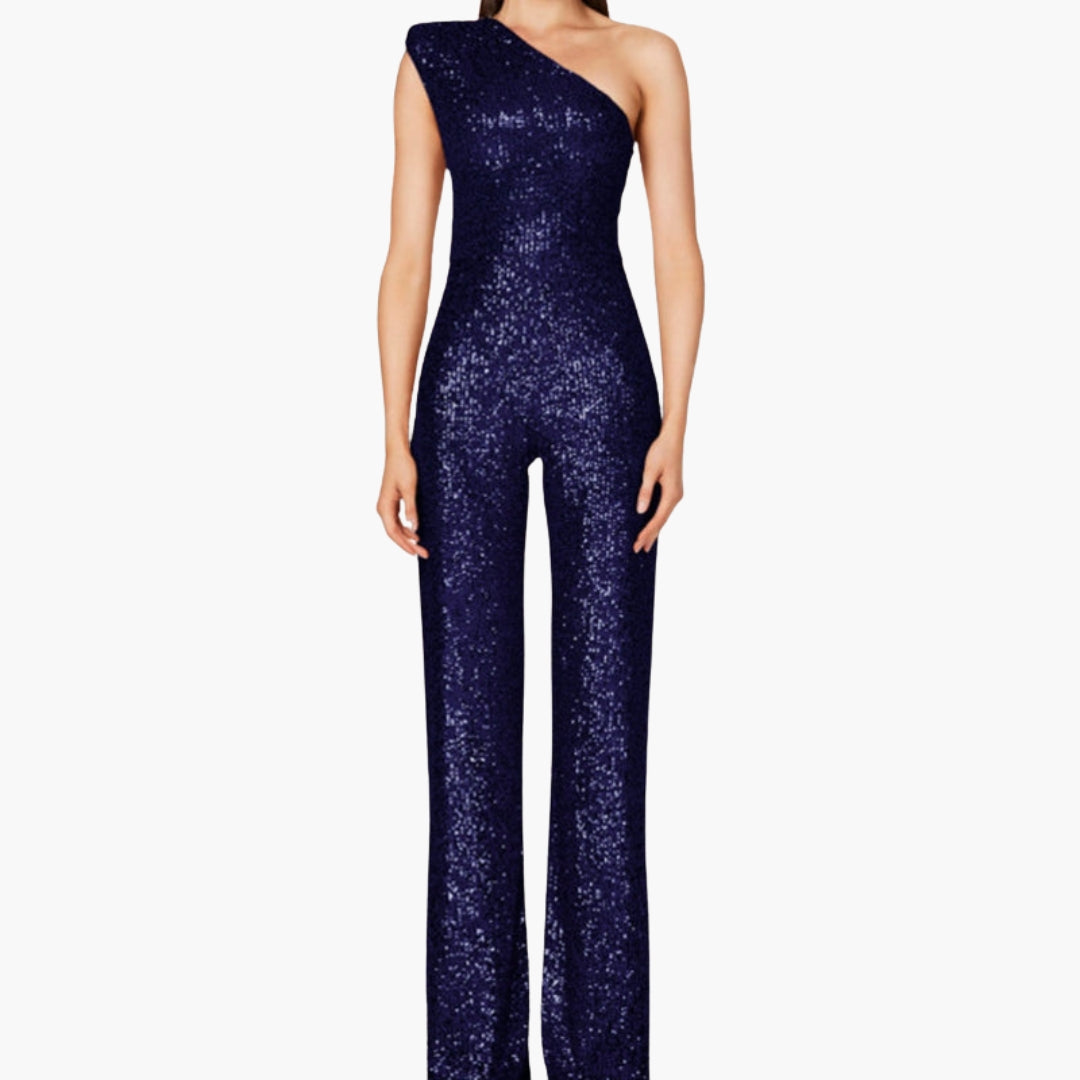 Women's jumpsuit with one-shoulder asymmetrical straight cut