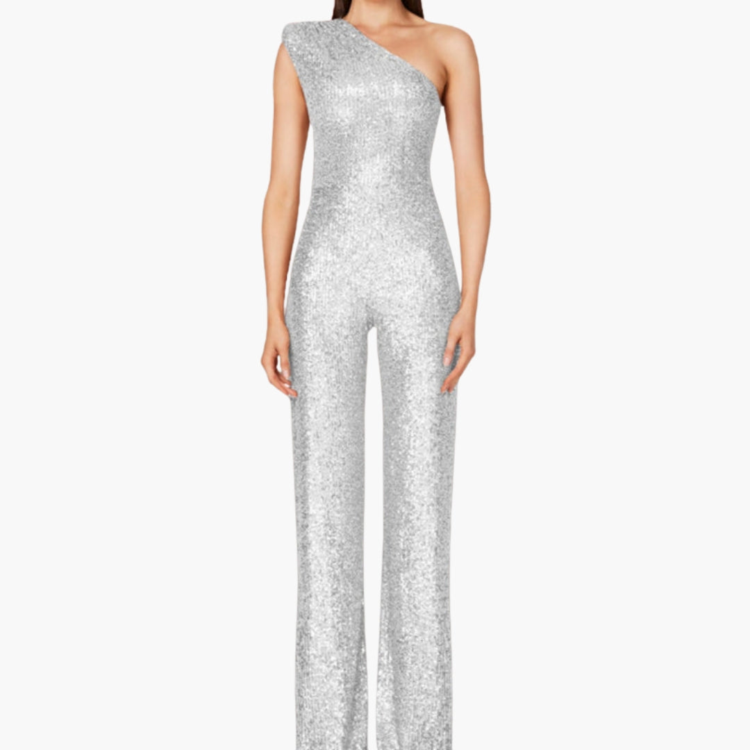 Women's jumpsuit with one-shoulder asymmetrical straight cut