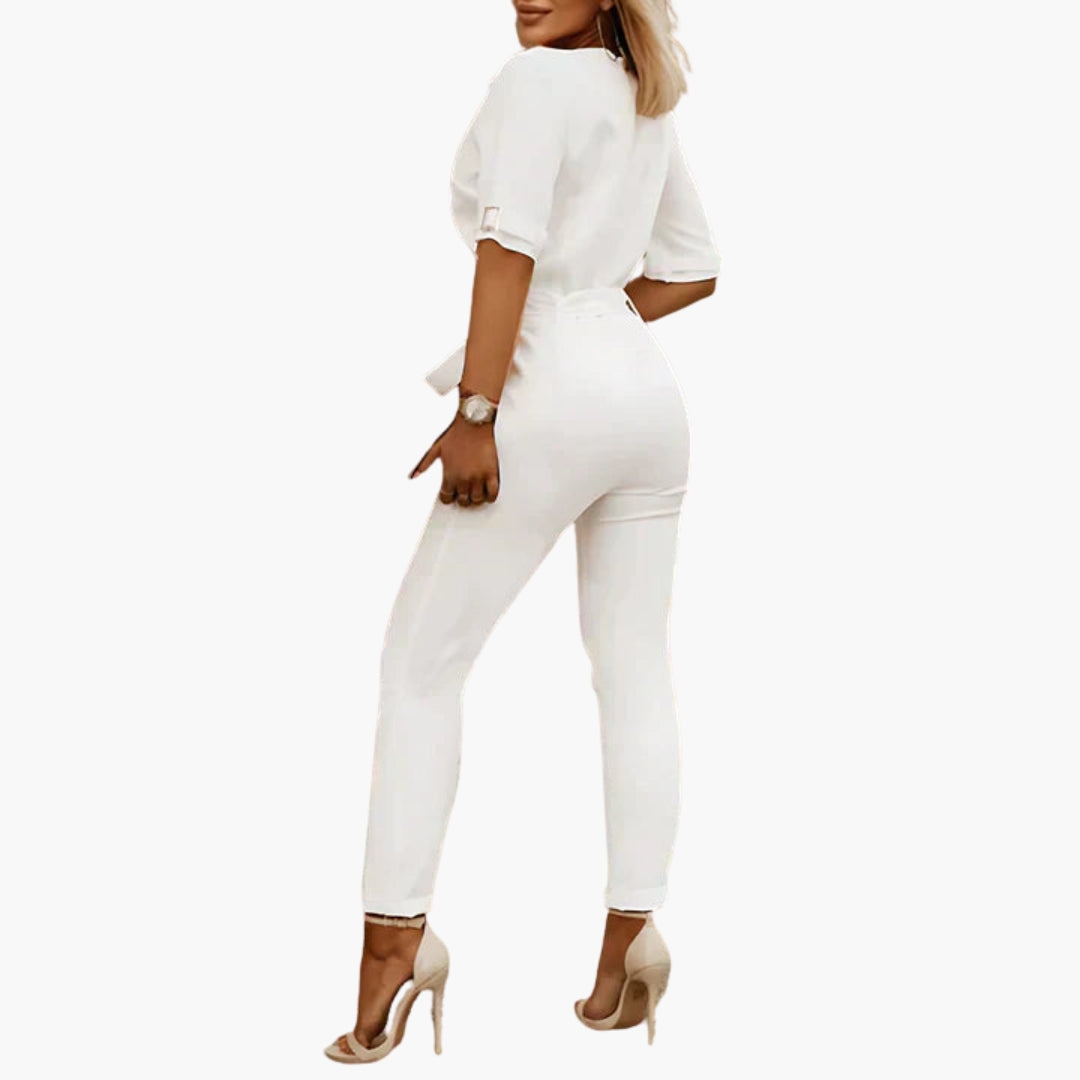 Women's jumpsuit with lapel collar and waist belt