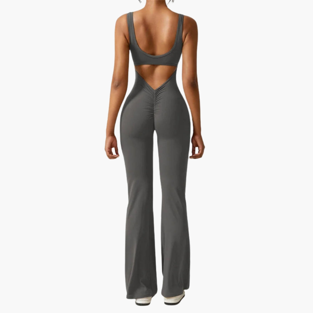 Women's jumpsuit with rounded collar and open back