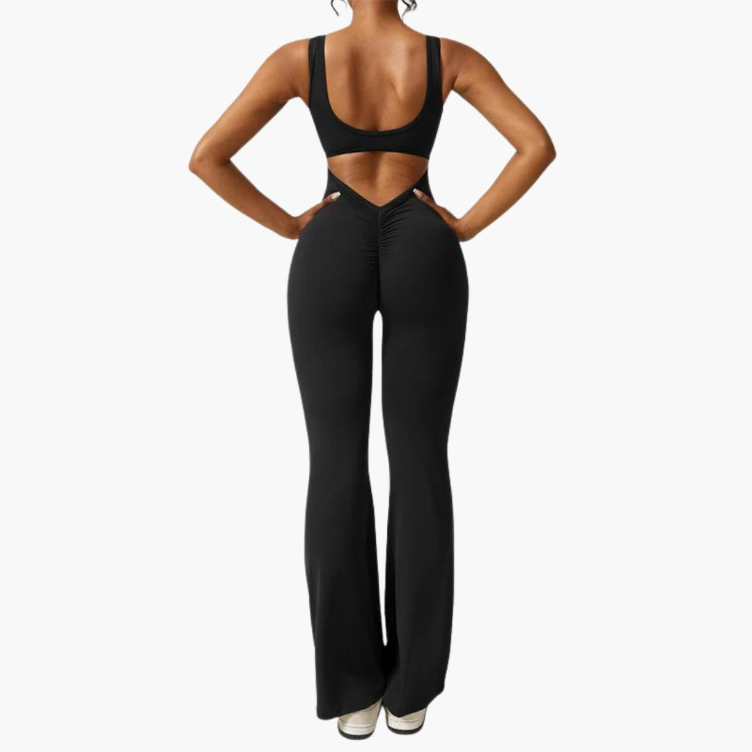 Women's jumpsuit with rounded collar and open back