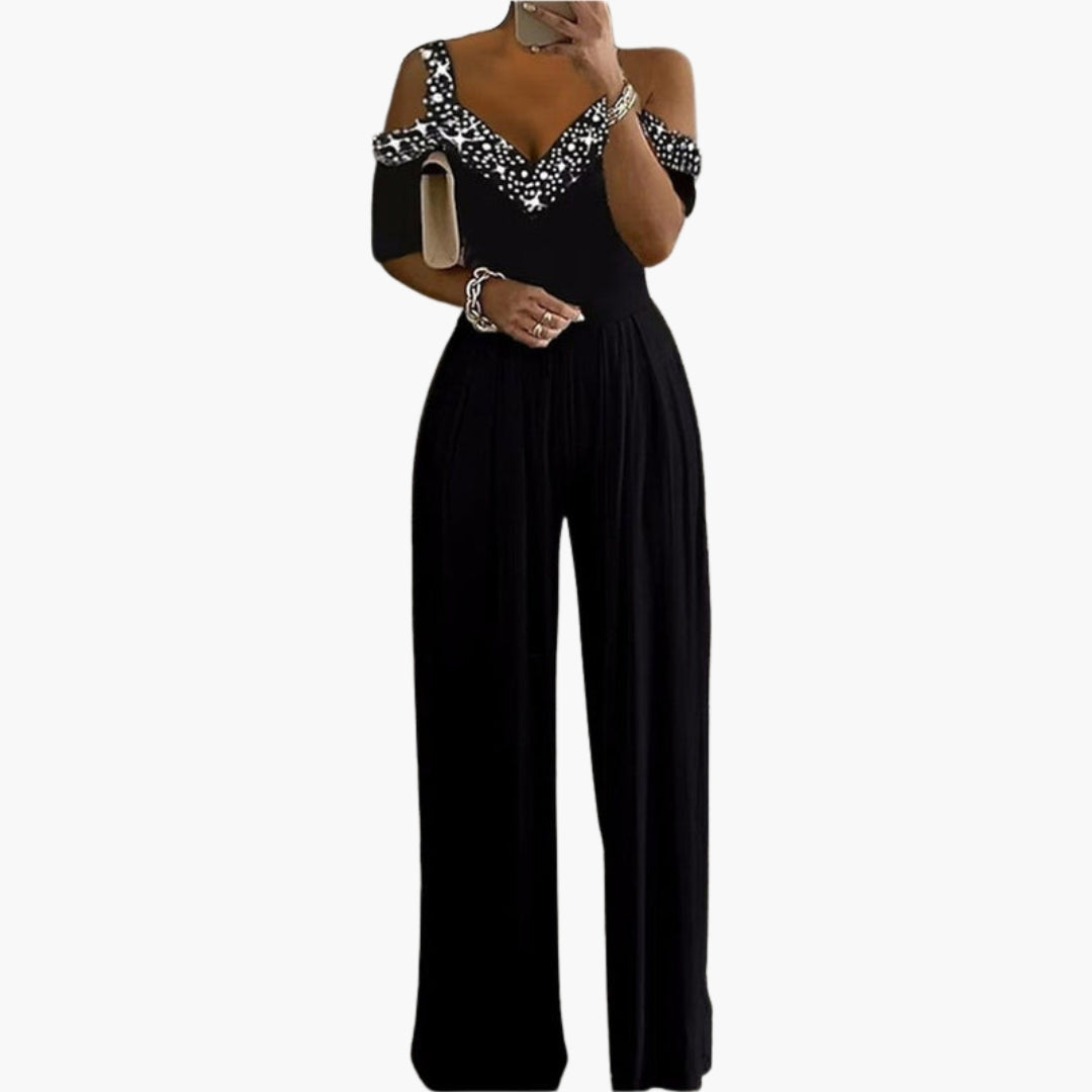 Tuta donna spalle scoperte con scollo a V e gambe larghe