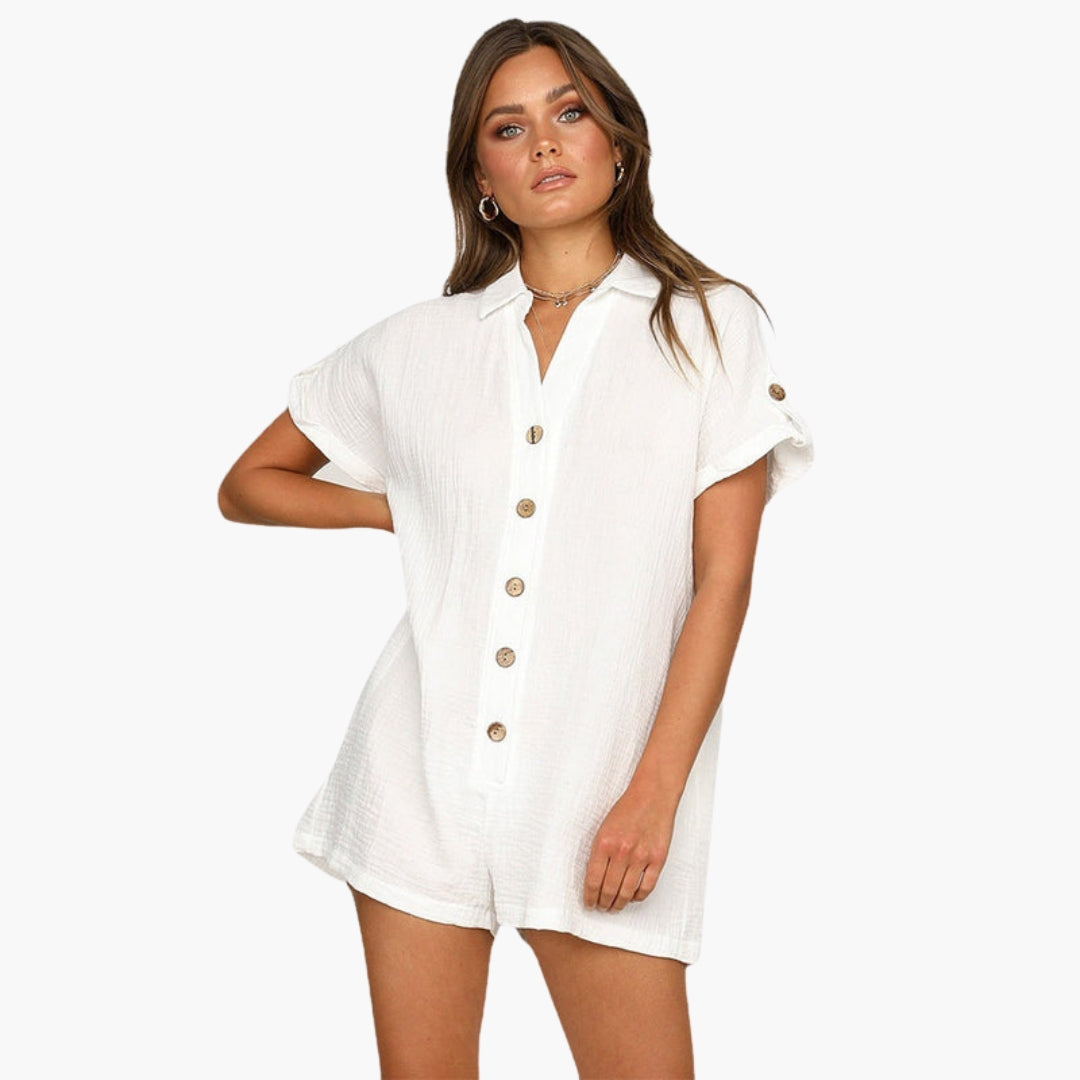 Macacão curto feminino com gola de camisa