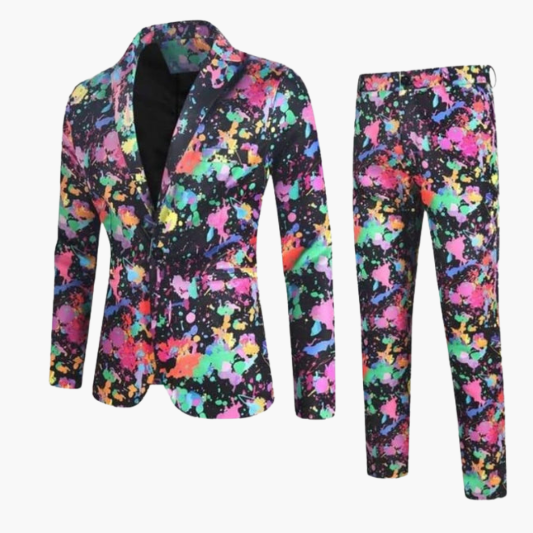 Costume deux pièces pour homme à motif multicolore et pantalon coupe ajustée
