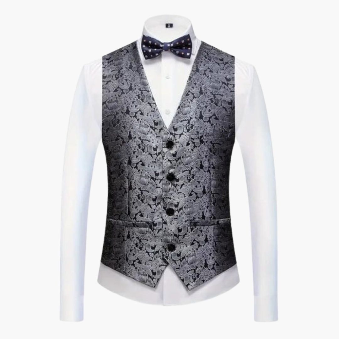 Costume tre pezzi da uomo in jacquard con rever in raso e pantaloni a taglio aderente