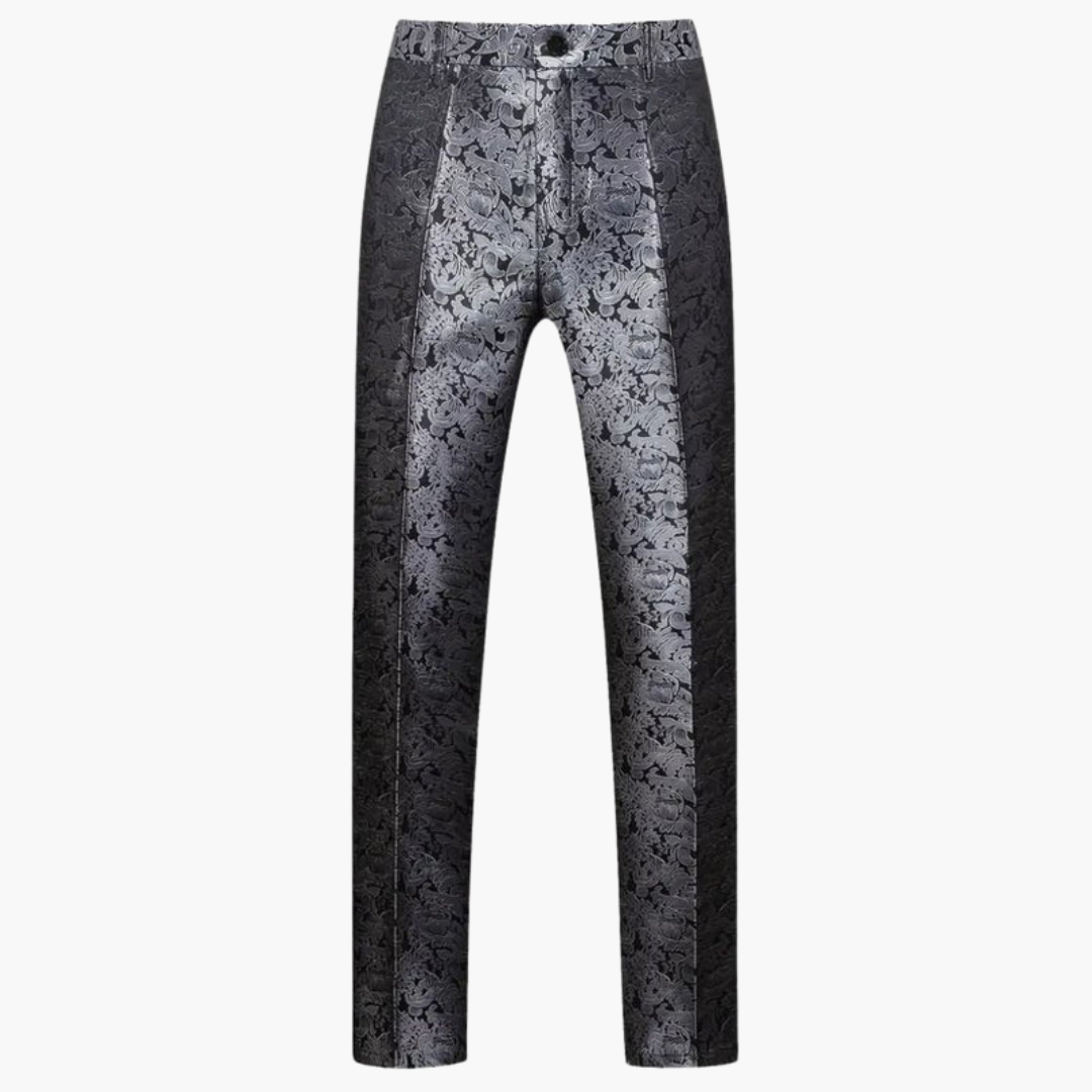 Costume tre pezzi da uomo in jacquard con rever in raso e pantaloni a taglio aderente