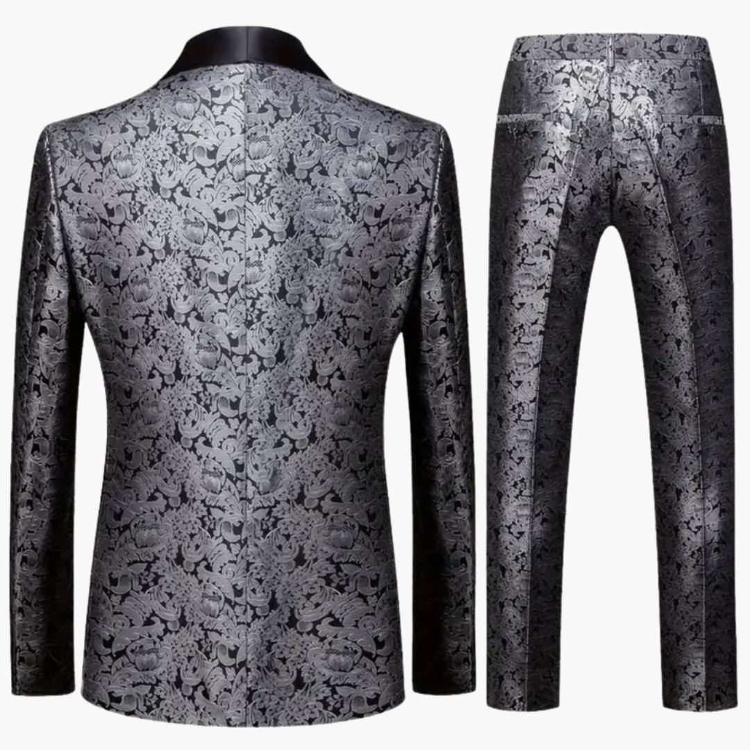 Costume tre pezzi da uomo in jacquard con rever in raso e pantaloni a taglio aderente
