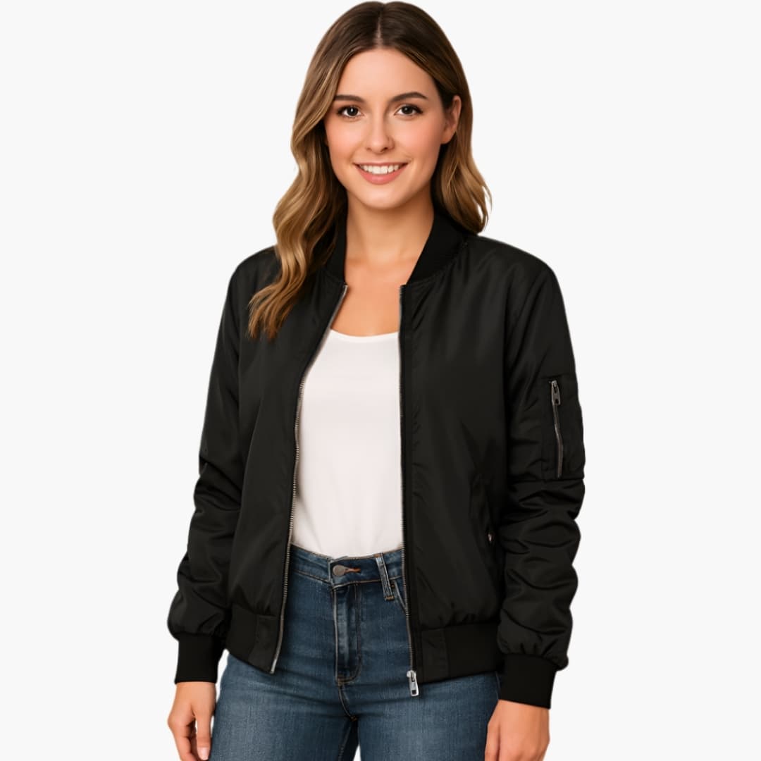 Dame Bomber Légère avec Fermeture Éclair et Col Côtelé
