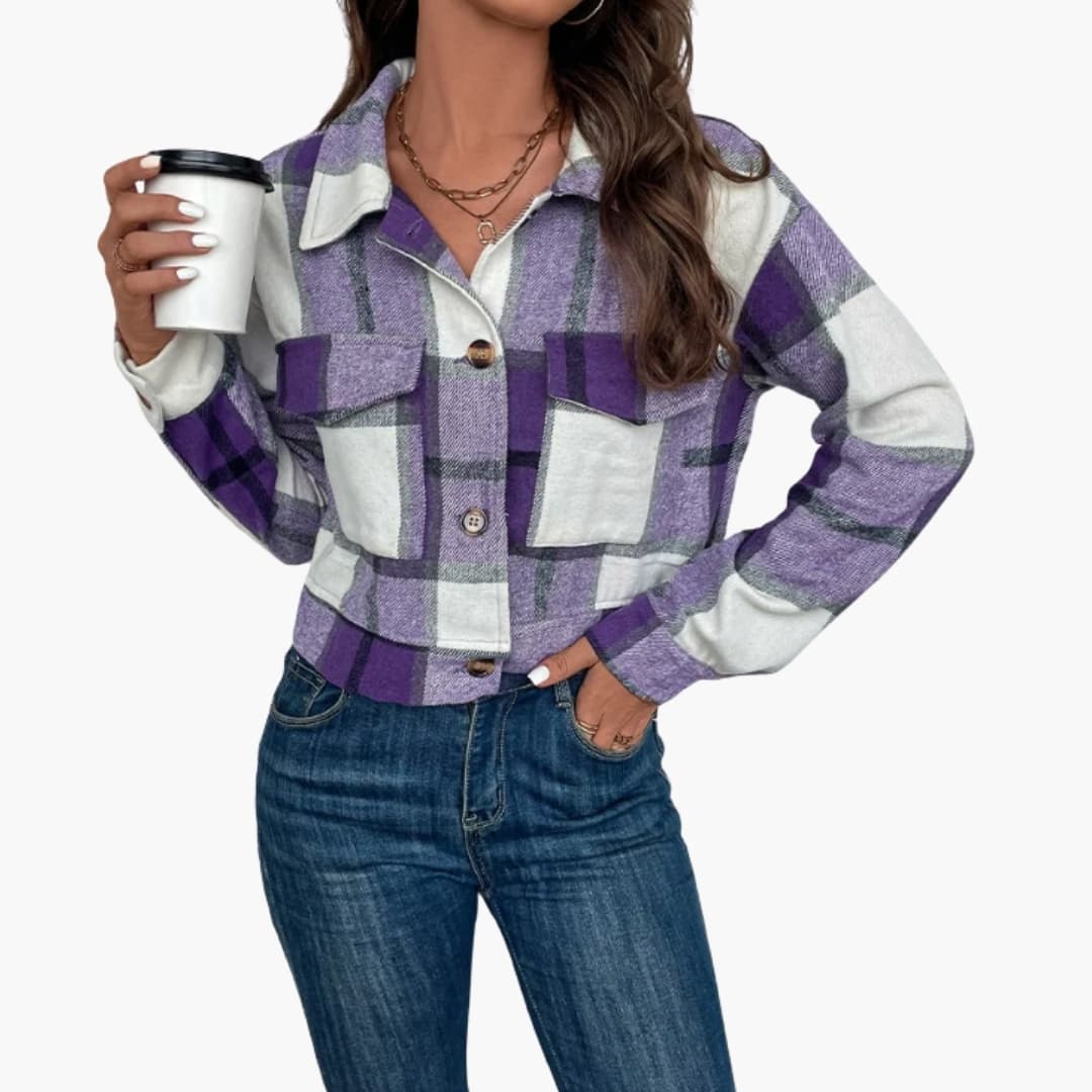 Dame Veste à Carreaux avec Manches Longues et Fermeture à Boutons