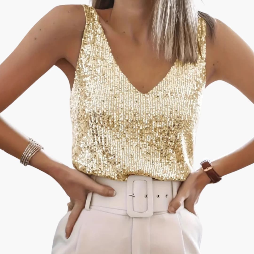 Top scintillant pour femme à col en V, orné de sequins étincelants