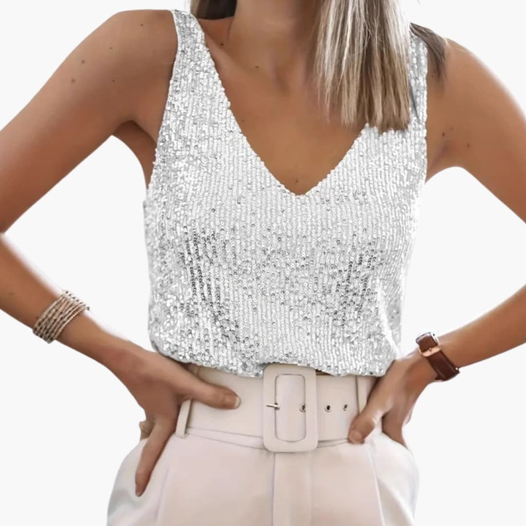 Top scintillante da donna con scollo a V, decorato con paillettes scintillanti