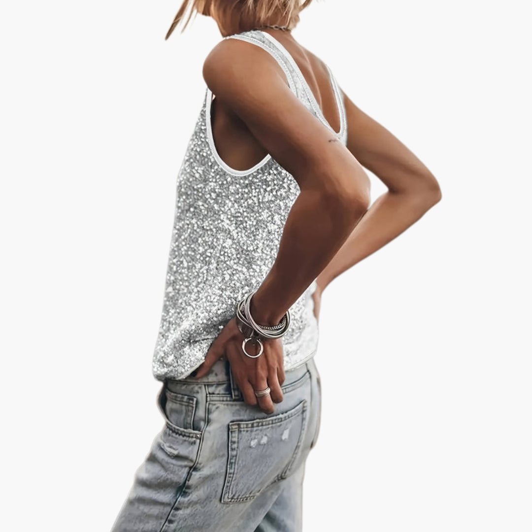Top donna con scollo rotondo ampio e superficie con paillettes