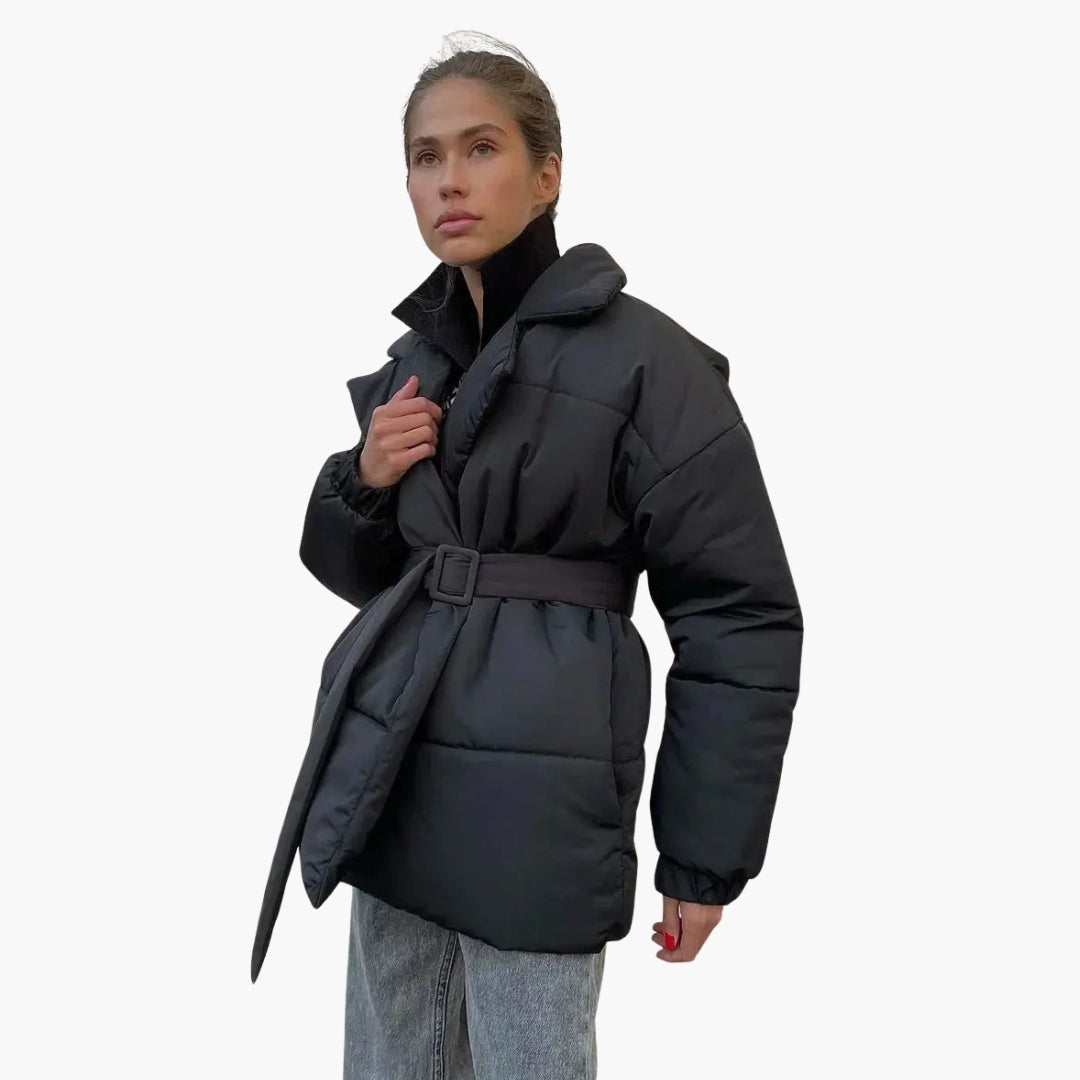 Women's belted puffer jacket with stand-up collar