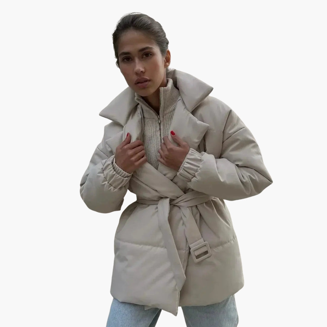 Women's belted puffer jacket with stand-up collar