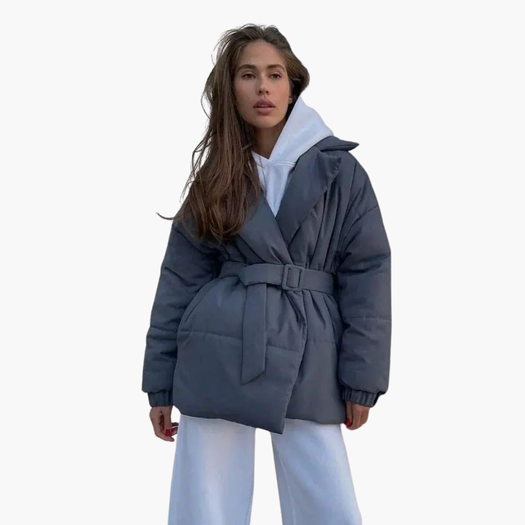 Women's belted puffer jacket with stand-up collar