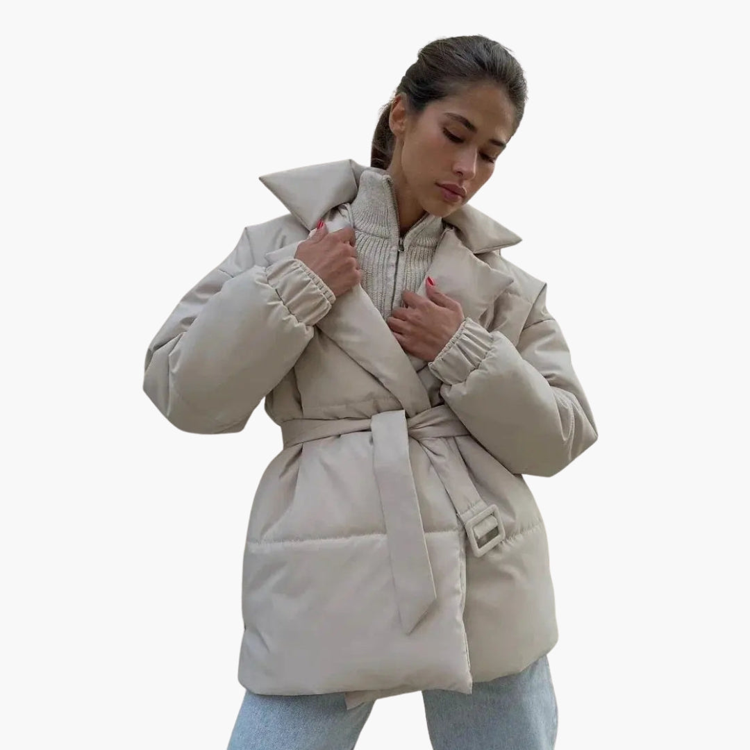 Women's belted puffer jacket with stand-up collar