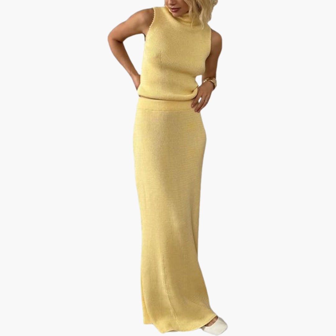 Ensemble Jupe Femme avec Surface Côtelée et Col Montant