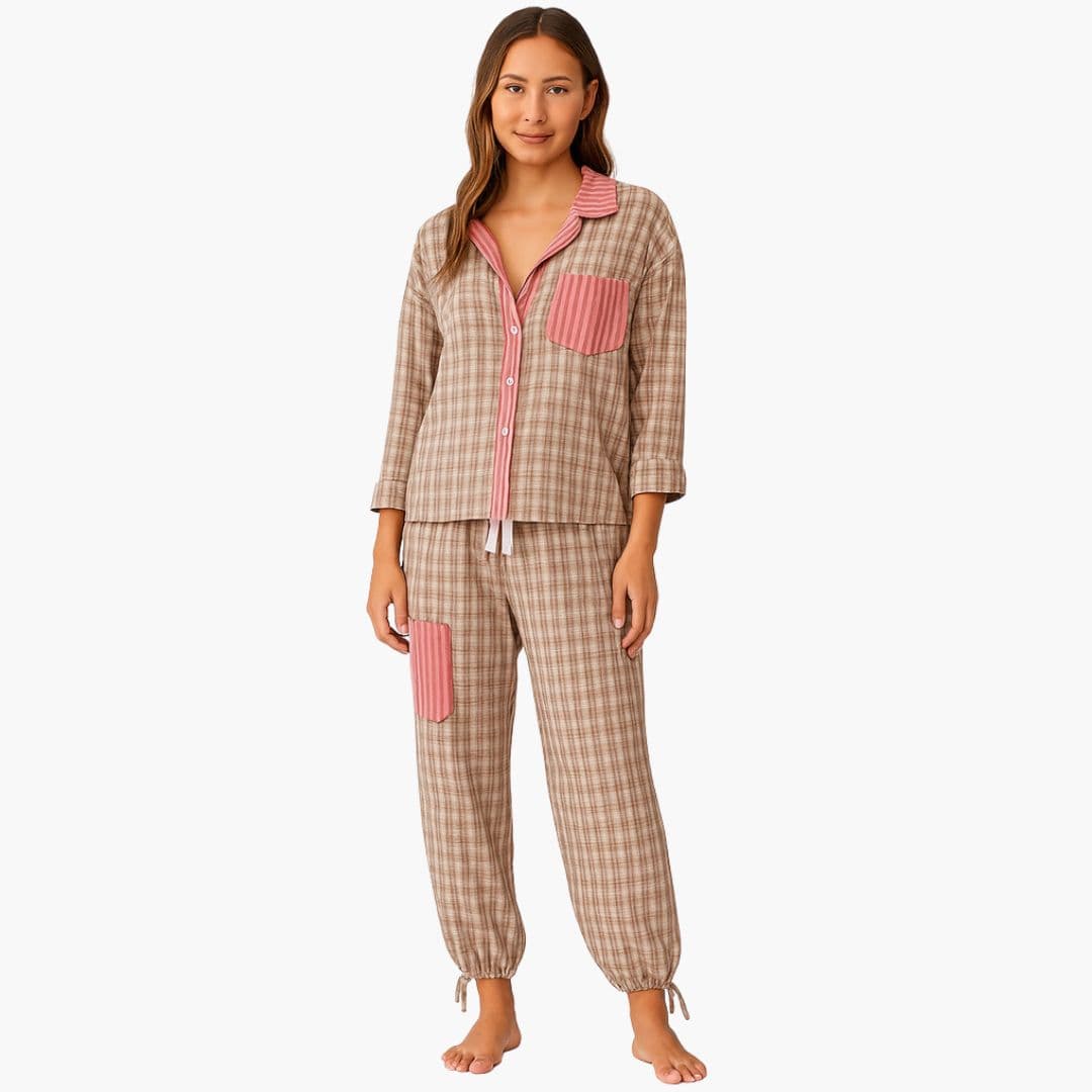 Ensemble Pyjama Femme à Carreaux avec Finitions Contrastantes