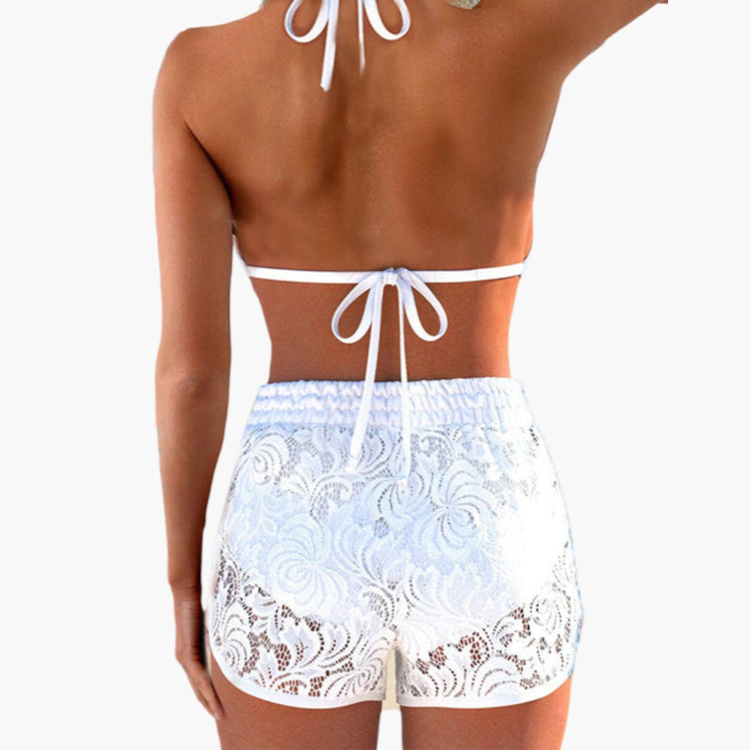 Conjunto de biquíni para mulheres com calção em renda