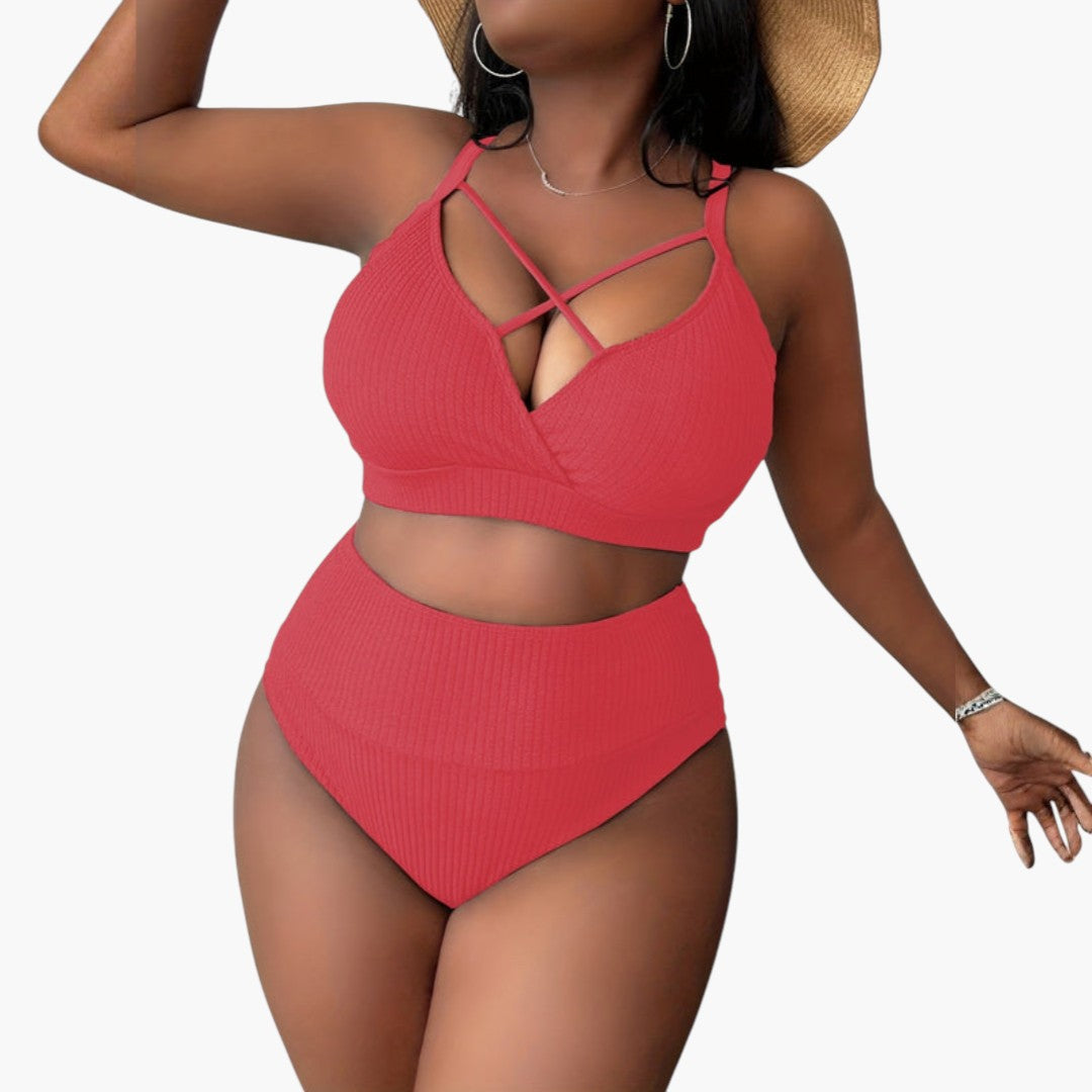 Plus-size women's two-piece swimsuit set with high-waisted bottoms
