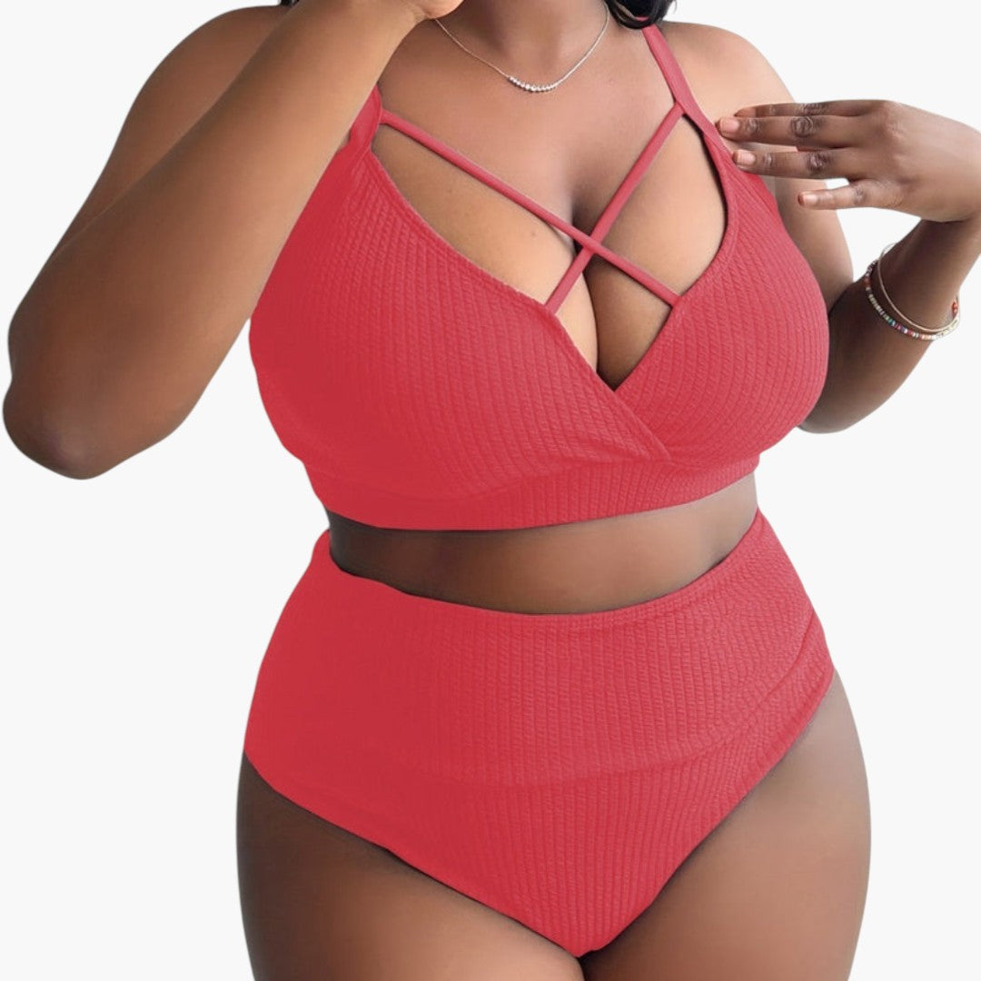 Plus-size women's two-piece swimsuit set with high-waisted bottoms