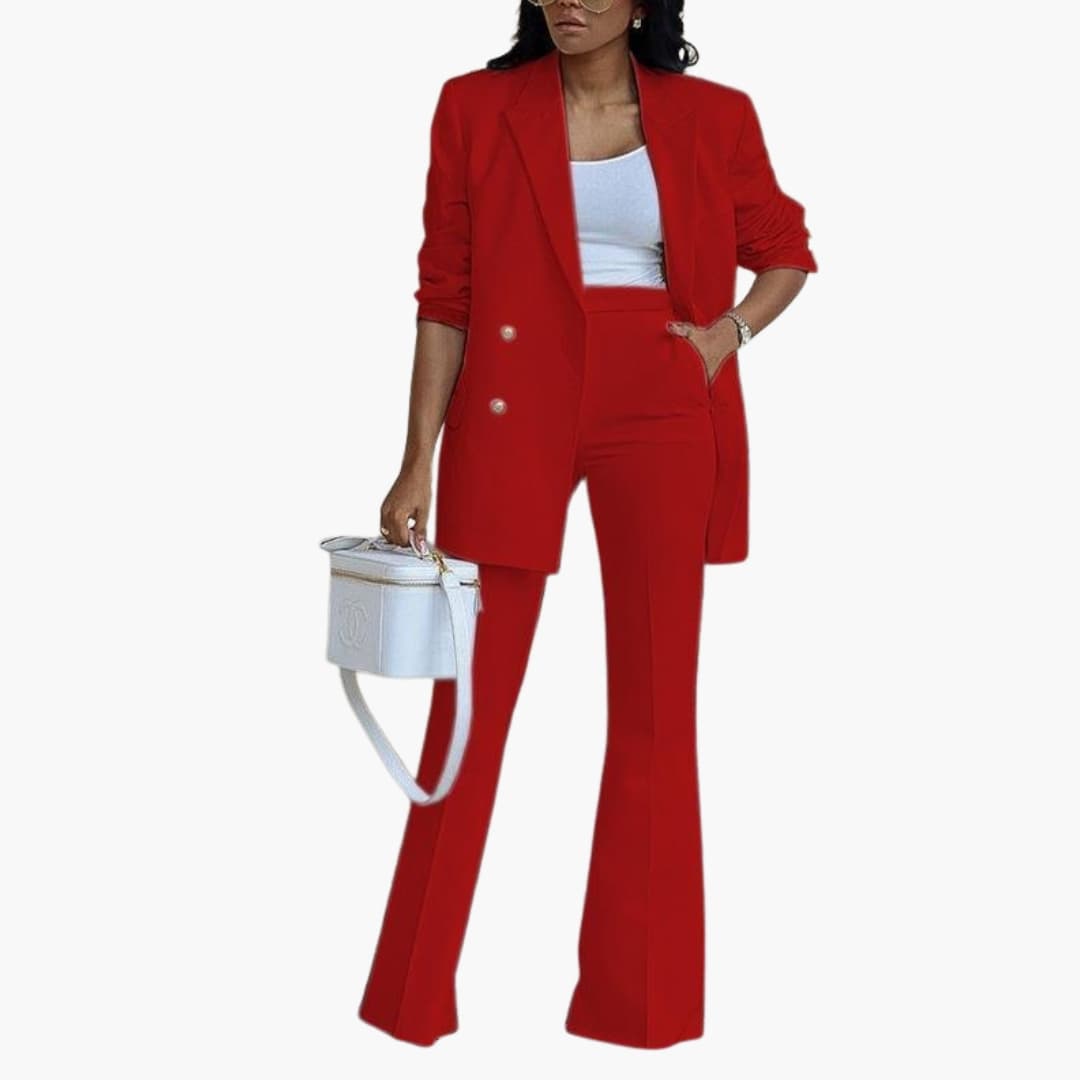 Ensemble costume deux pièces femme avec blazer double boutonnage et pantalon évasé