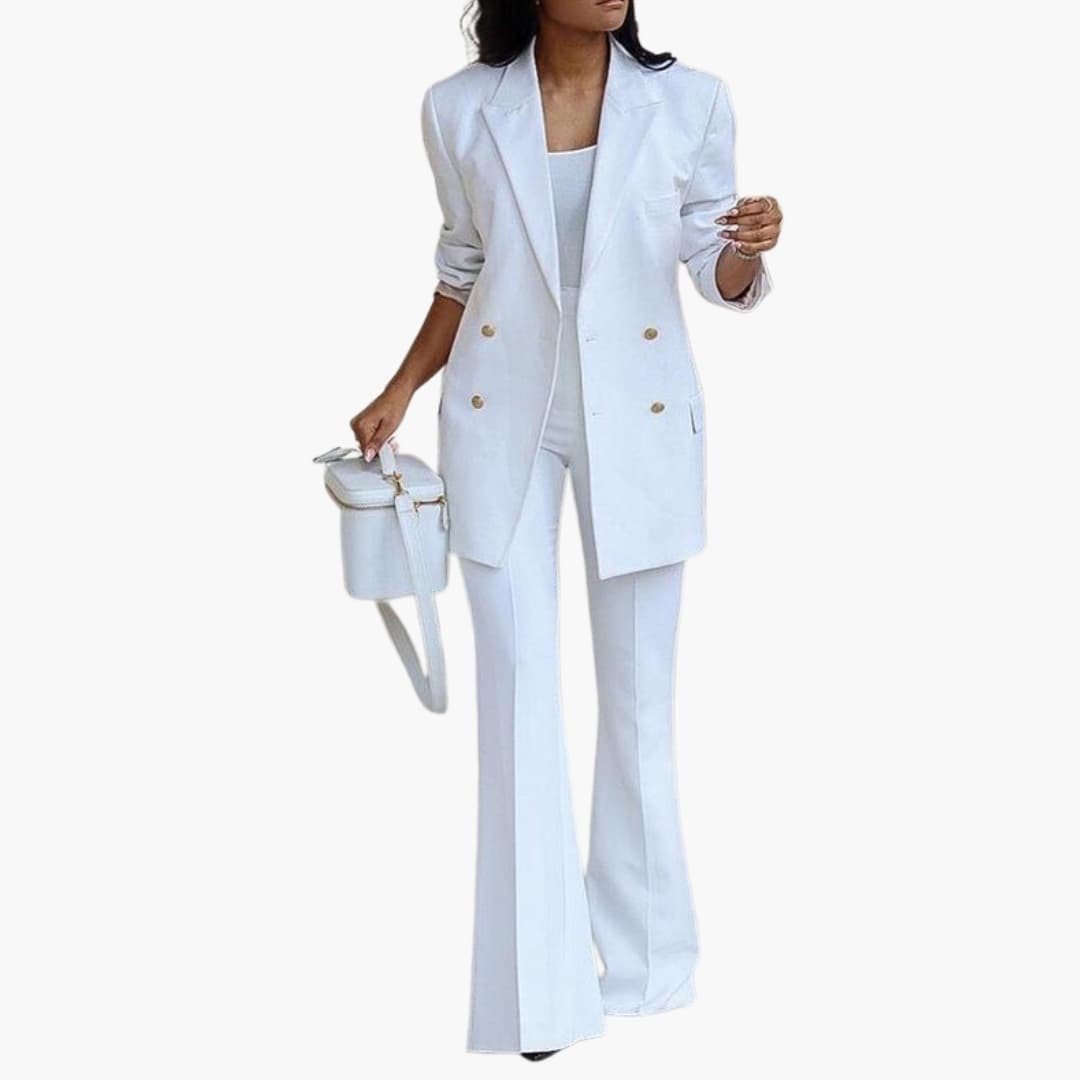 Ensemble costume deux pièces femme avec blazer double boutonnage et pantalon évasé