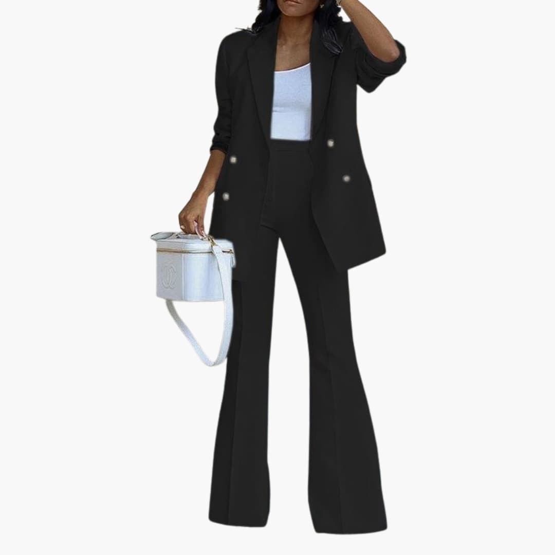 Ensemble costume deux pièces femme avec blazer double boutonnage et pantalon évasé