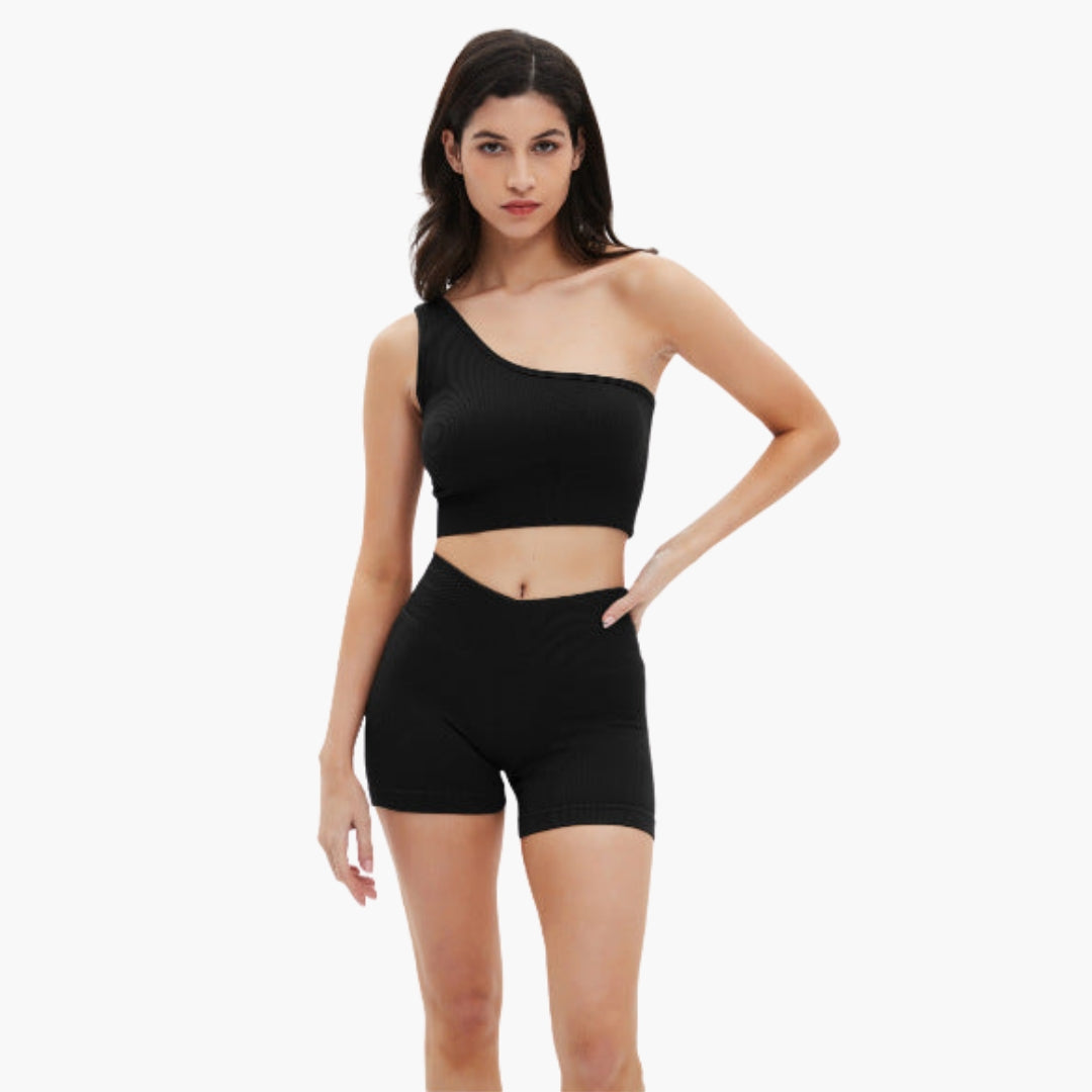 Completo corto sportivo donna con top e pantaloncini a coste