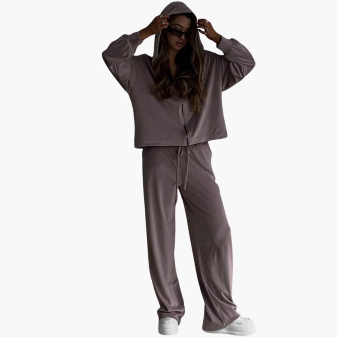 Completo da jogging donna con giacca con cappuccio e zip e pantaloni larghi