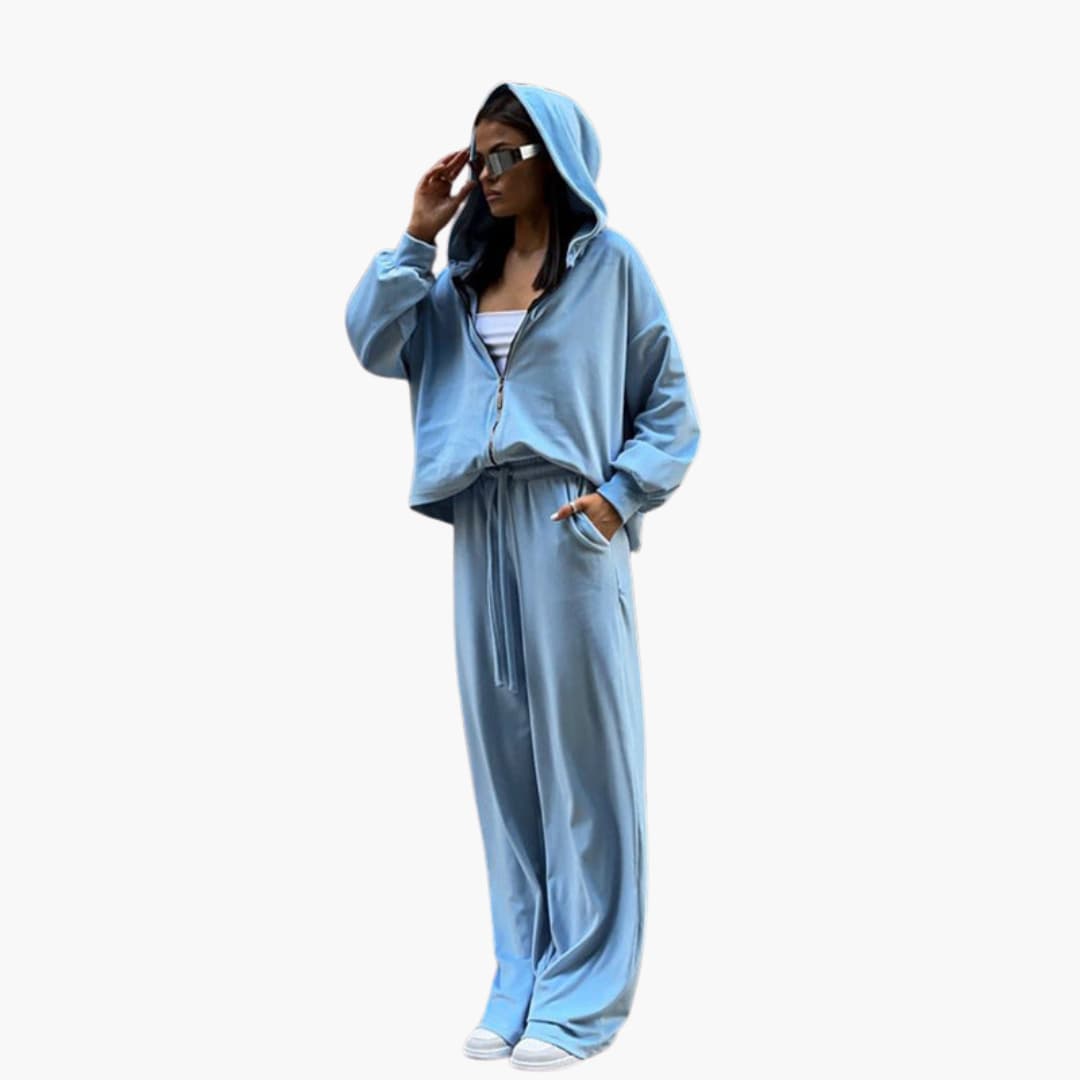Completo da jogging donna con giacca con cappuccio e zip e pantaloni larghi