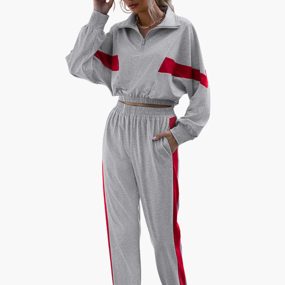 Conjunto de desporto feminino com gola com fecho e punhos elásticos