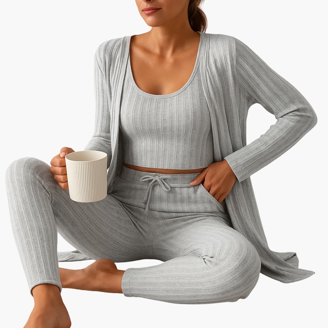Ensemble détente et pyjama femme 3 pièces en maille côtelée avec gilet crop top et pantalon