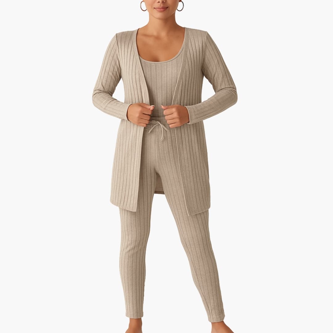 Ensemble détente et pyjama femme 3 pièces en maille côtelée avec gilet crop top et pantalon