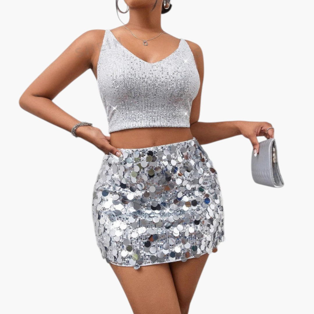Completo donna con gonna decorata con paillettes