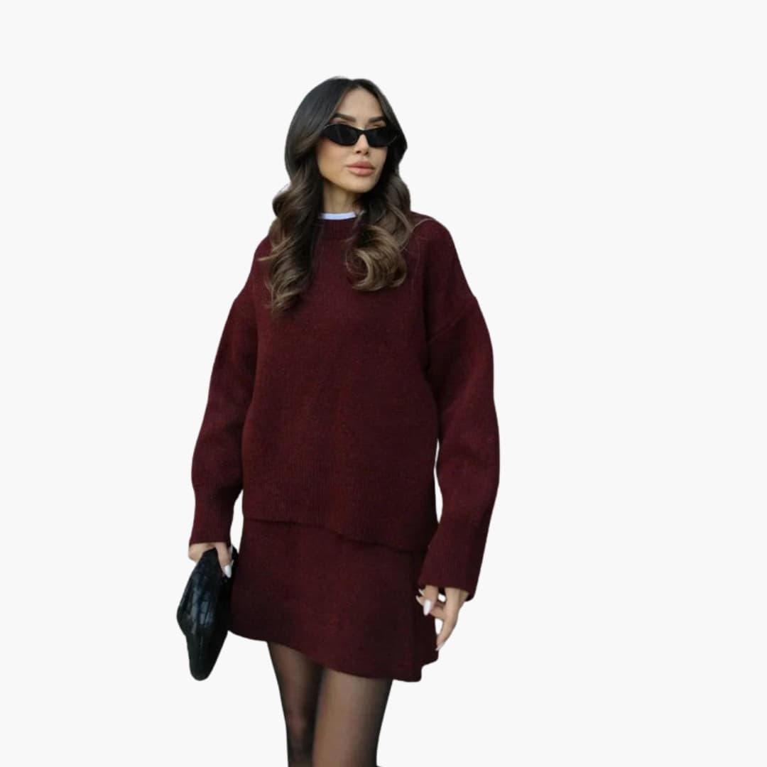 Ensemble en maille pour femme avec pull à manches longues et jupe courte