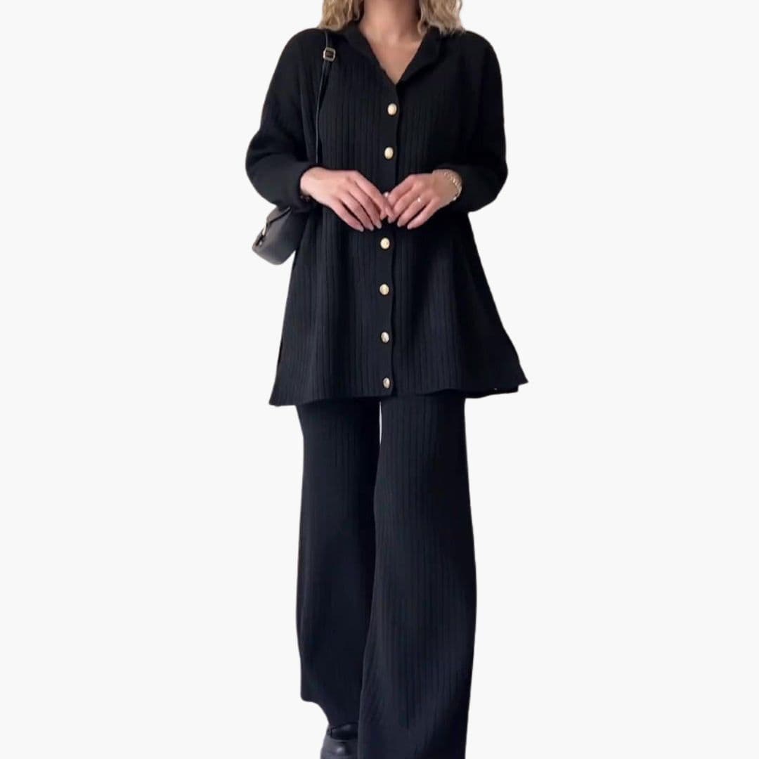 Ensemble femme cardigan côtelé à boutons et pantalon