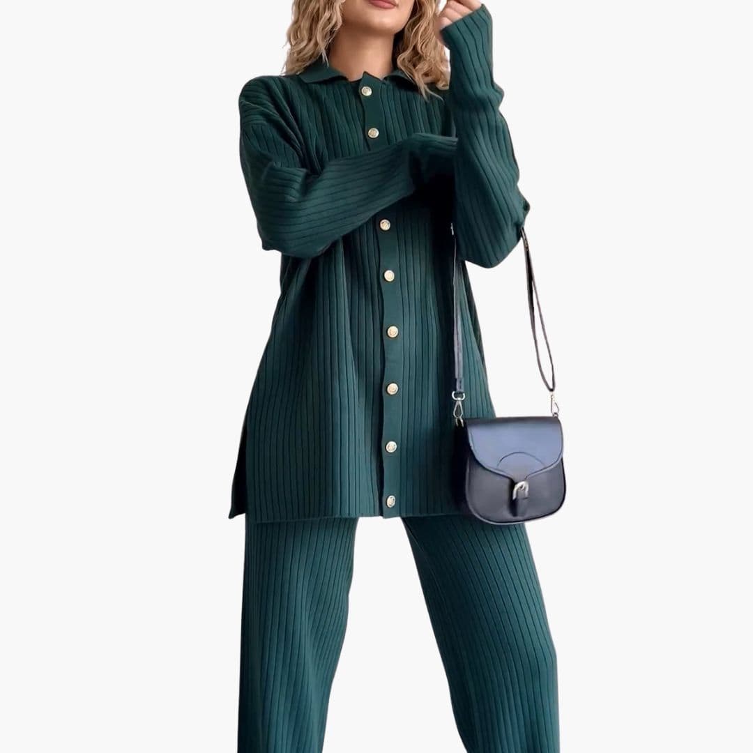 Ensemble femme cardigan côtelé à boutons et pantalon