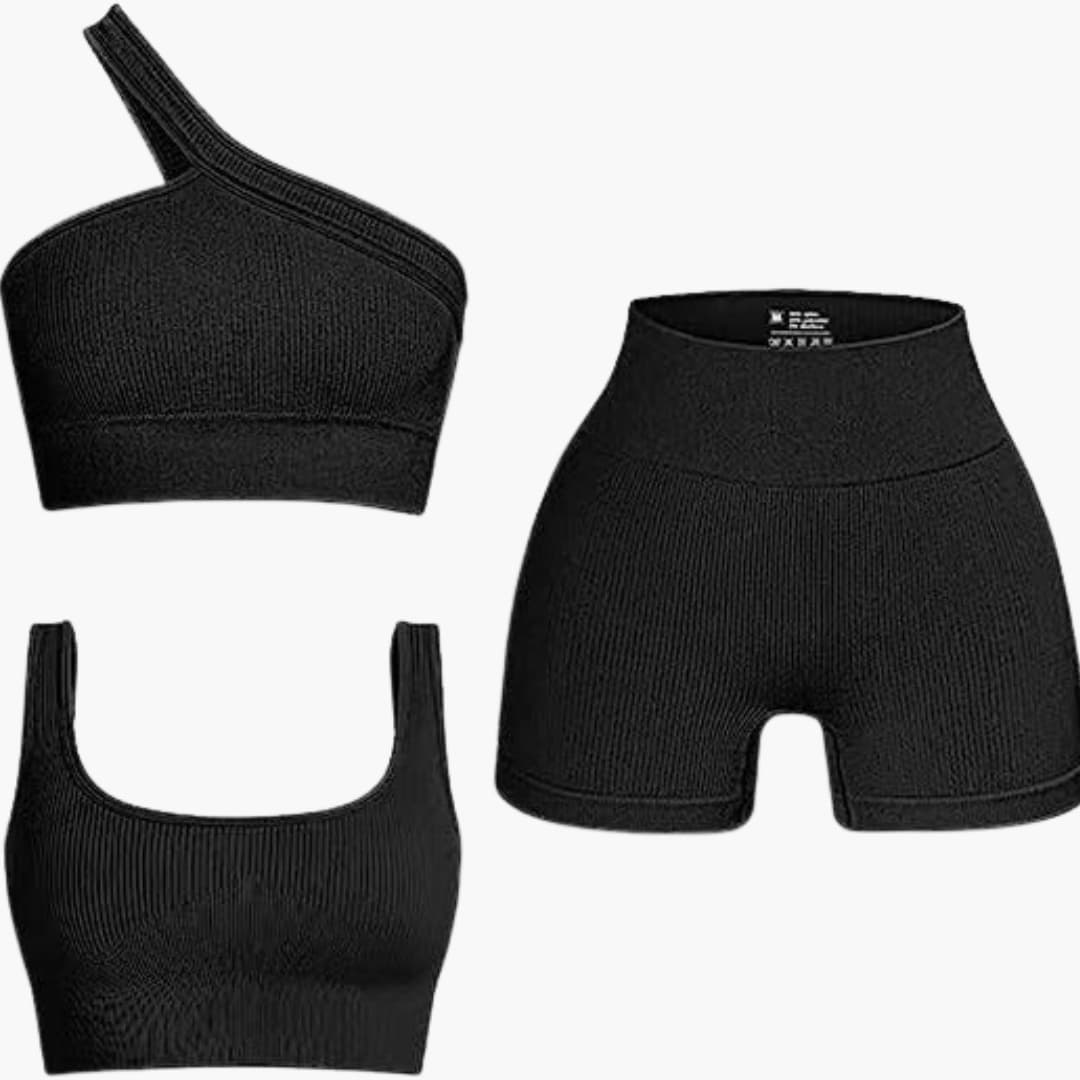 Completo donna due pezzi con top asimmetrico e pantaloncini a vita alta