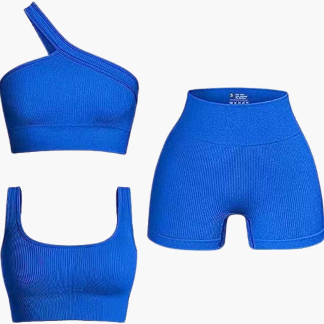 Completo donna due pezzi con top asimmetrico e pantaloncini a vita alta