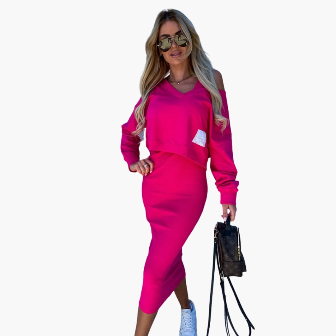Completo donna due pezzi con maglia a collo a V e gonna