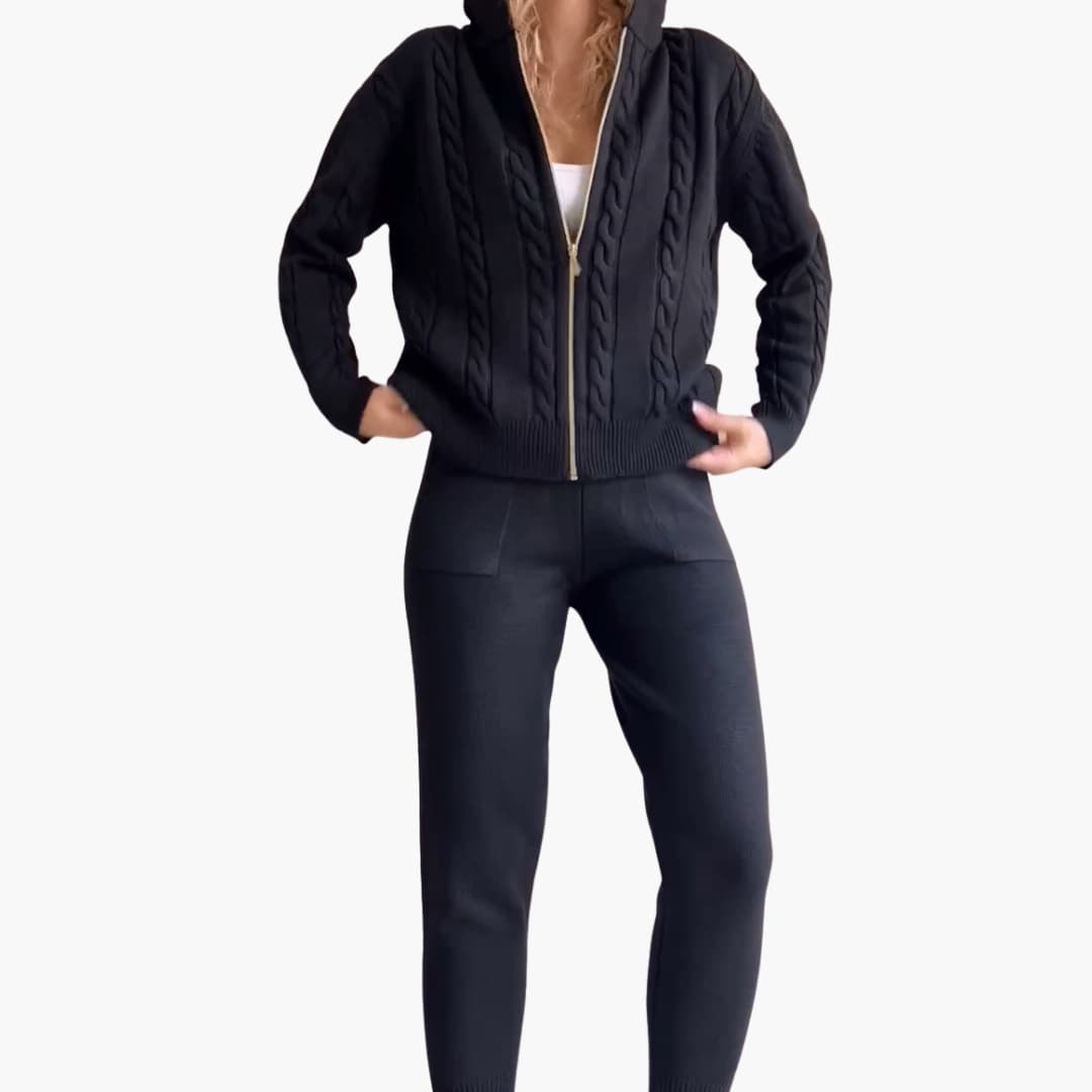 Ensemble femme en tricot deux pièces avec veste zippée et pantalon côtelé