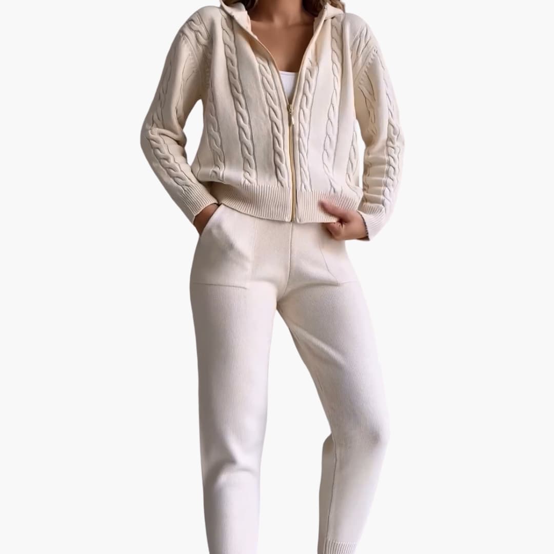 Ensemble femme en tricot deux pièces avec veste zippée et pantalon côtelé