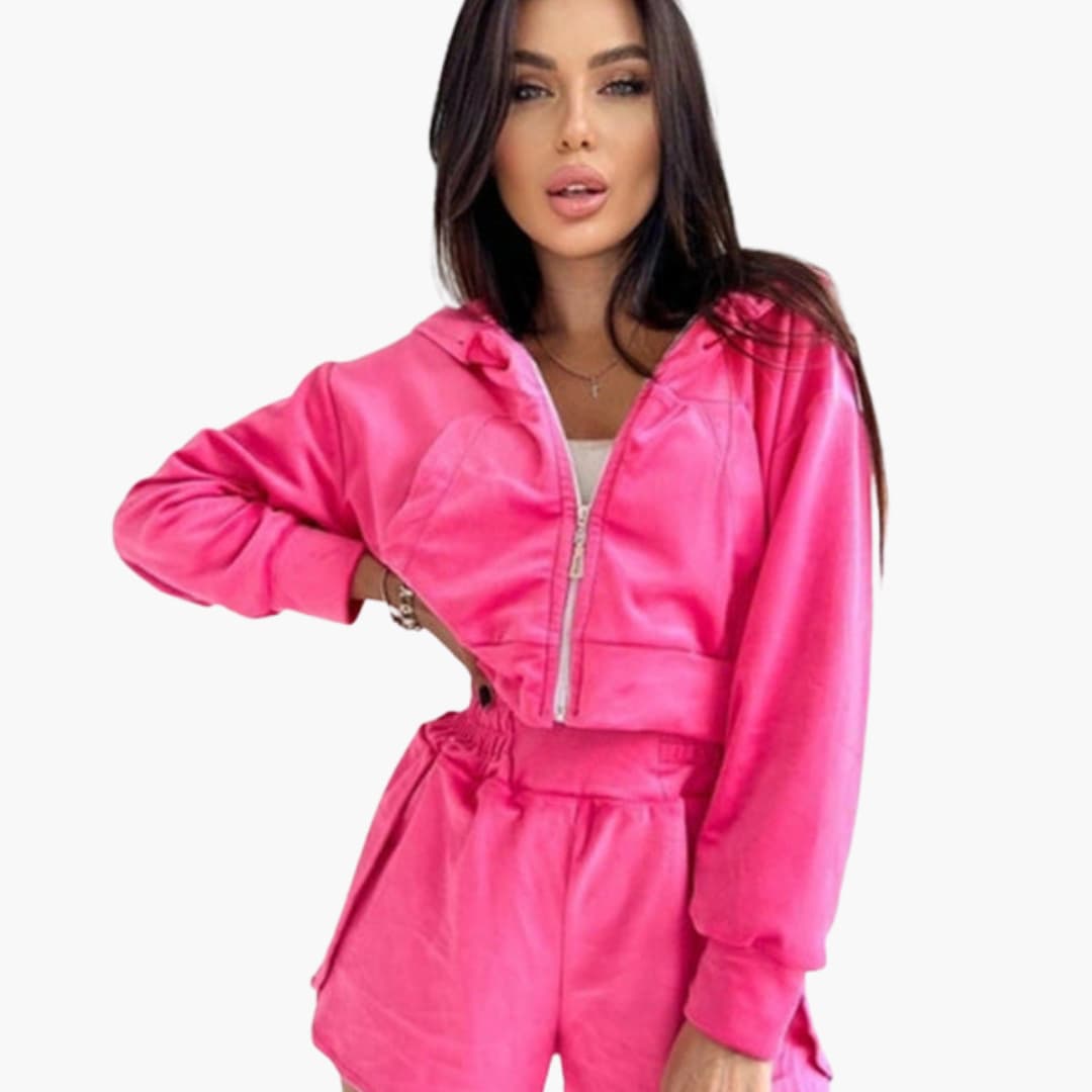 Completo donna felpa corta con cappuccio e pantaloncini con chiusura lampo e vita elastica