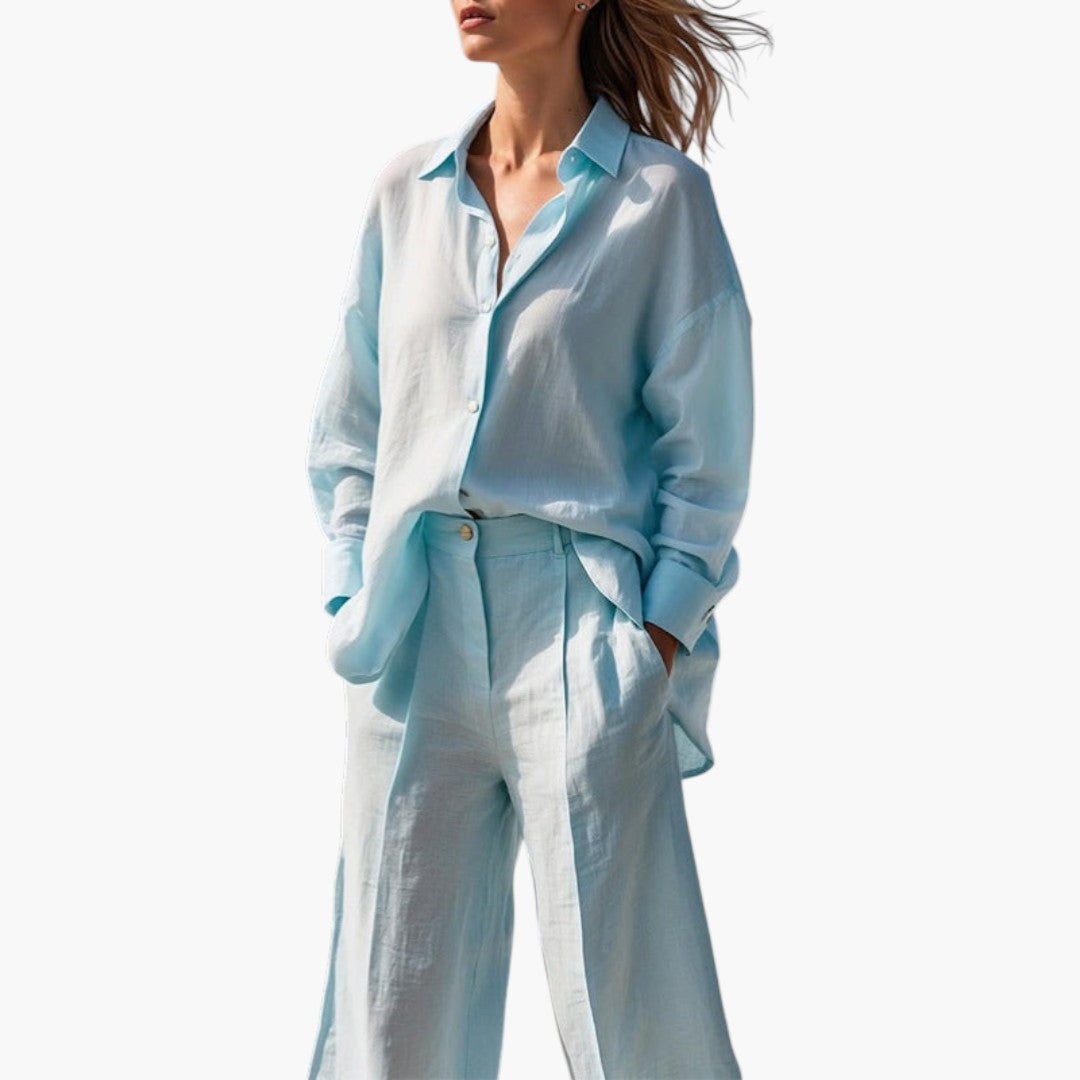 Damesensemble met blouse met knopen en wijde broek