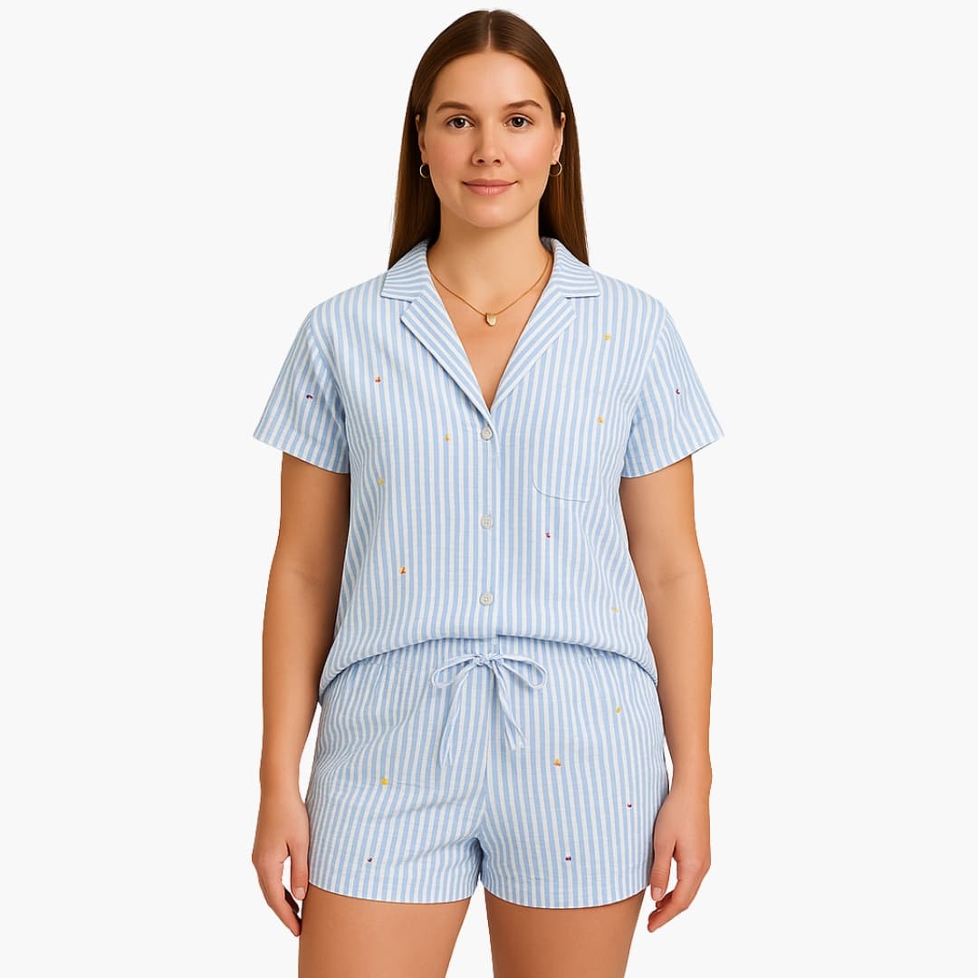 Ensemble pyjama femme 2 pièces à rayures avec chemise boutonnée et short à cordon