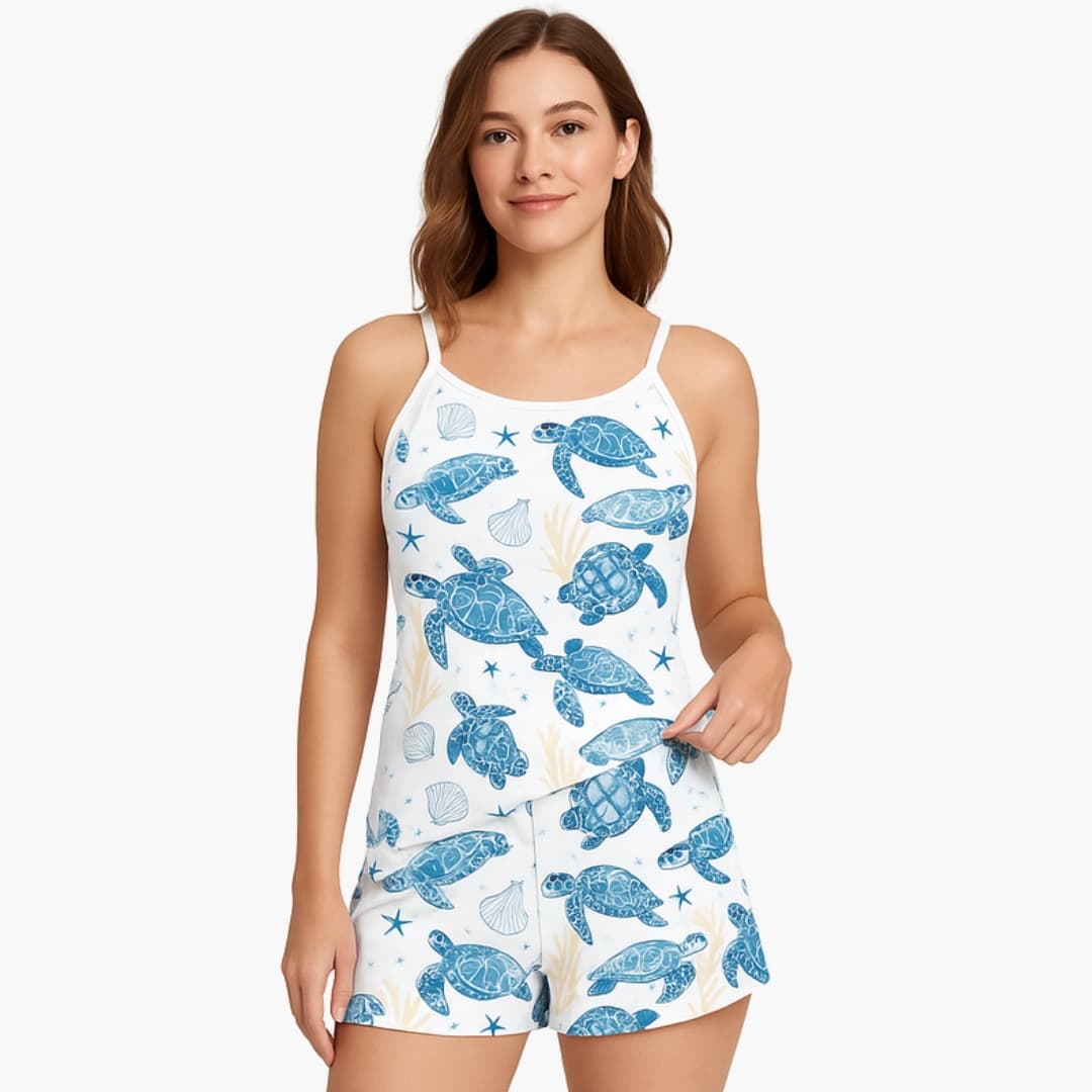 Ensemble pyjama femme 2 pièces avec caraco et short à imprimé animal