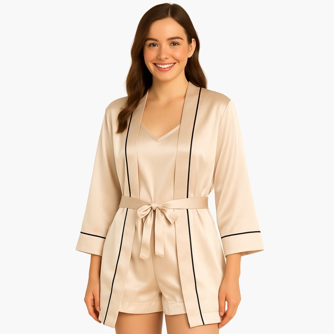 Ensemble pyjama femme en satin 3 pièces avec peignoir caraco et short