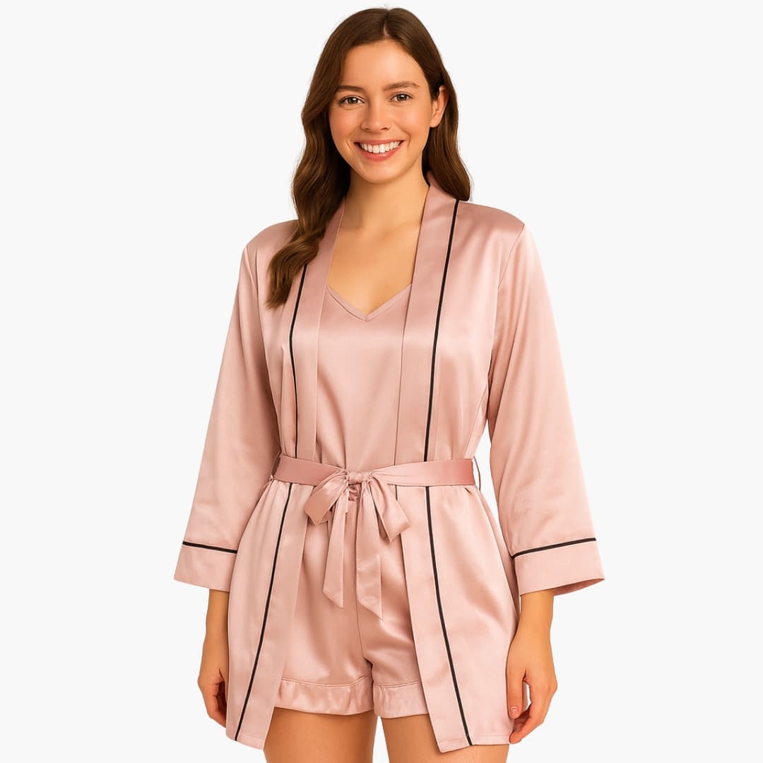 Ensemble pyjama femme en satin 3 pièces avec peignoir caraco et short